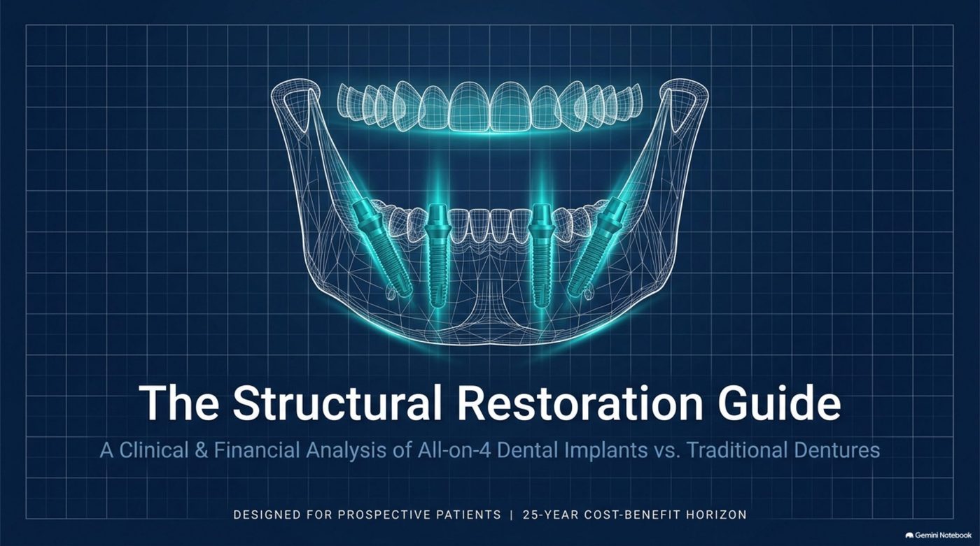 The Structural Restoration Guide cover slide comparing All-on-4 dental implants with traditional dentures over a 25-year cost-benefit horizon