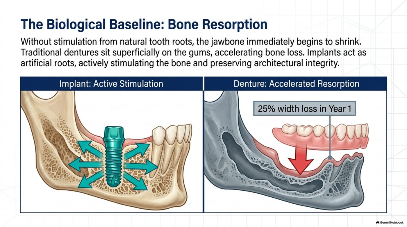 Deck slide on jawbone resorption showing that dentures accelerate bone loss while implant posts actively stimulate bone, with 25% width lost in year one