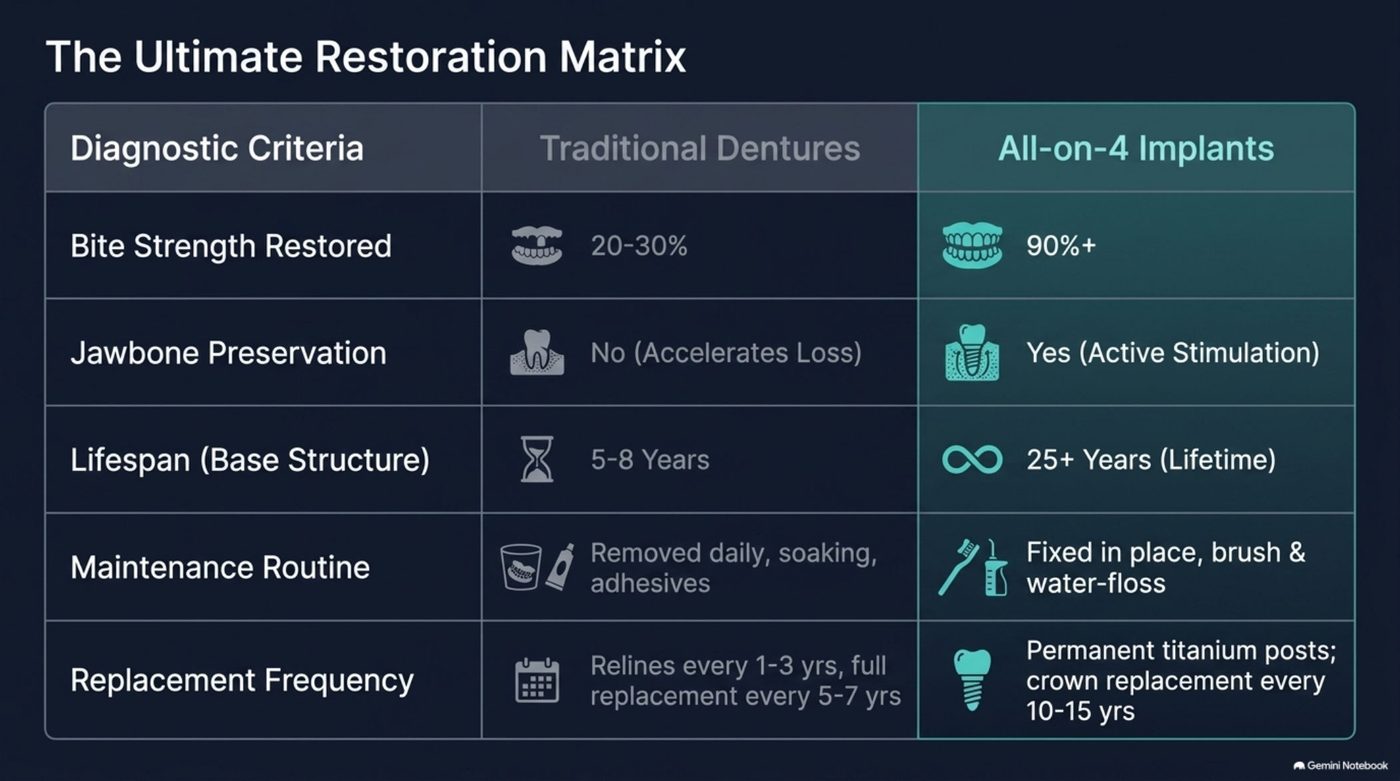 The restoration matrix slide comparing traditional dentures and All-on-4 implants across bite strength, jawbone preservation, lifespan, maintenance, and replacement frequency
