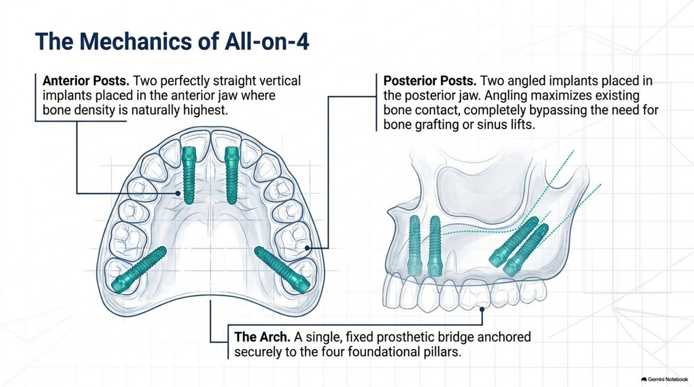 Deck slide explaining All-on-4 mechanics: two straight anterior implants in the densest bone, two angled posterior implants that bypass grafting, and one fixed arch