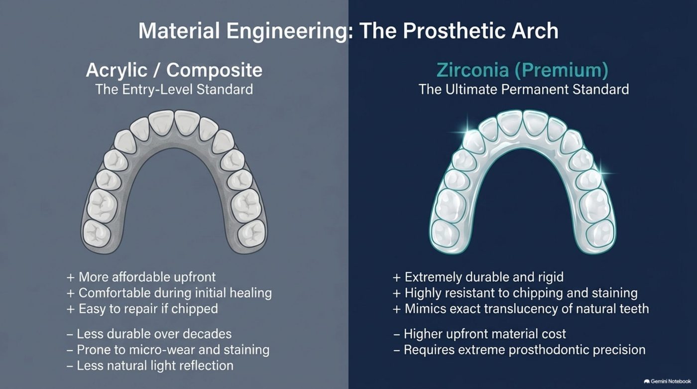 Acrylic and zirconia full-arch prosthetic implant materials compared side by side, showing the trade-off between upfront cost and long-term wear