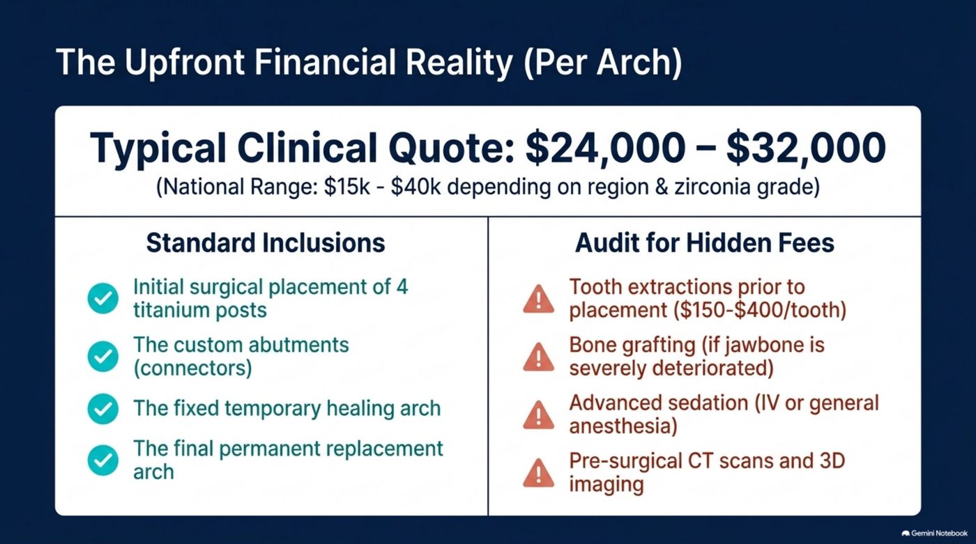 Line-item audit of an All-on-4 full-arch quote showing standard inclusions versus commonly added hidden fees such as extractions and bone grafting