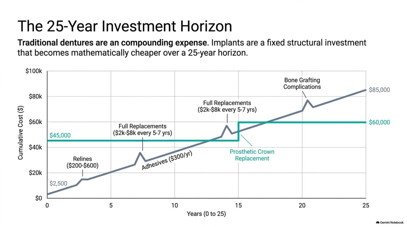 Twenty-five year cumulative cost chart comparing denture replacement cycles against a single fixed implant arch