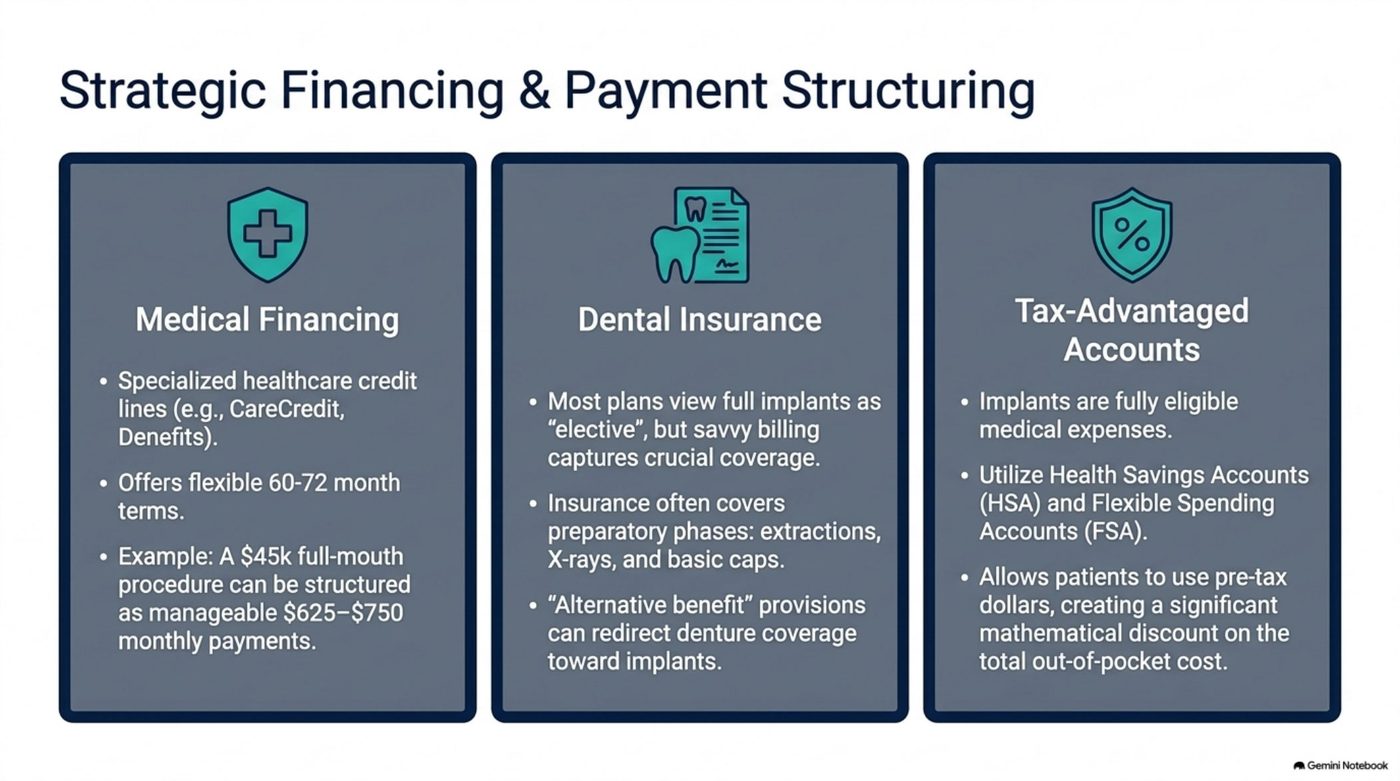 Full-arch restoration funding sources compared: medical credit lines with 60 to 72 month terms, tax-advantaged HSA and FSA dollars, and dental insurance coverage