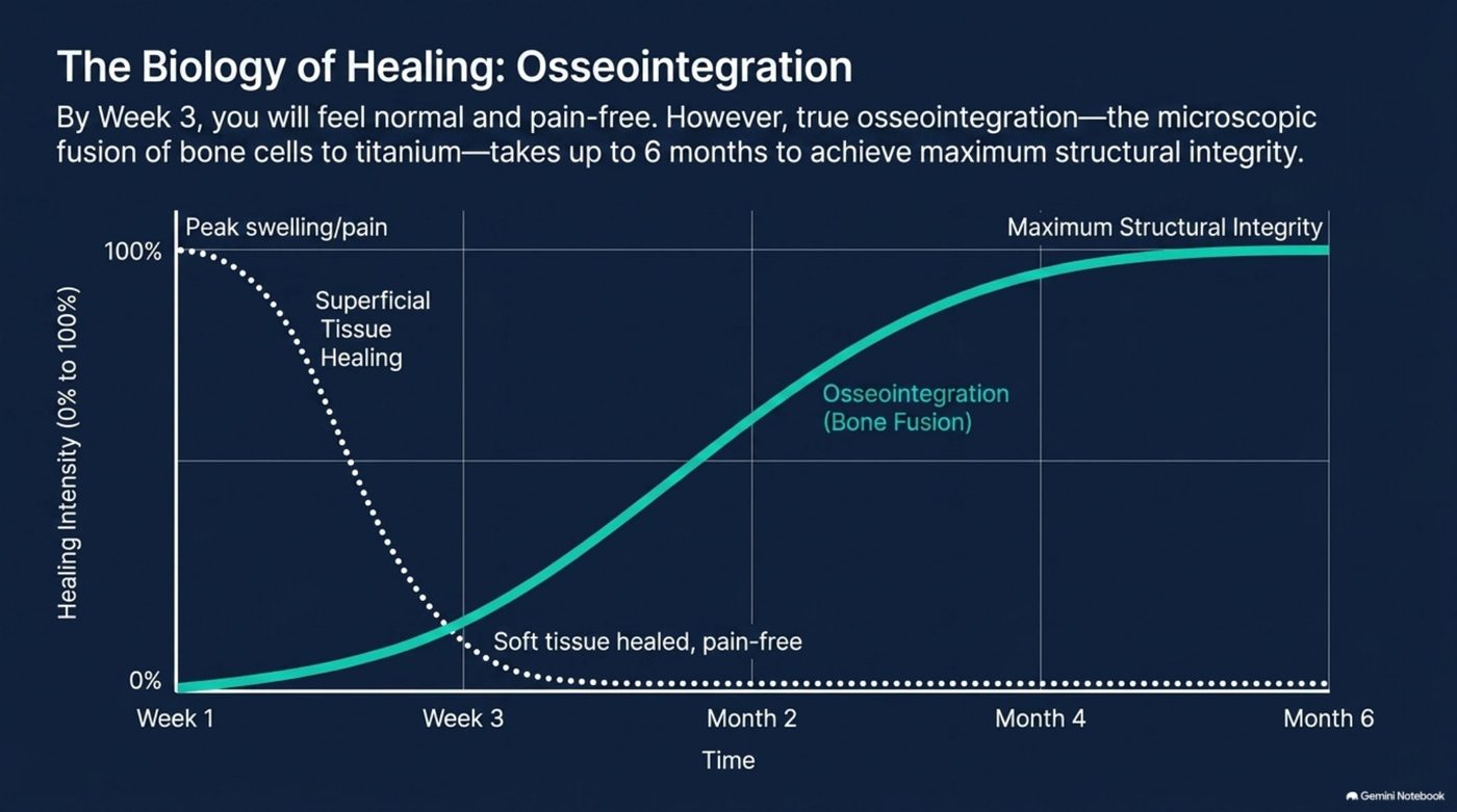 Healing-intensity curve chart showing soft tissue healing completing by week 3 while bone-to-titanium osseointegration continues to maximum structural integrity at month 6