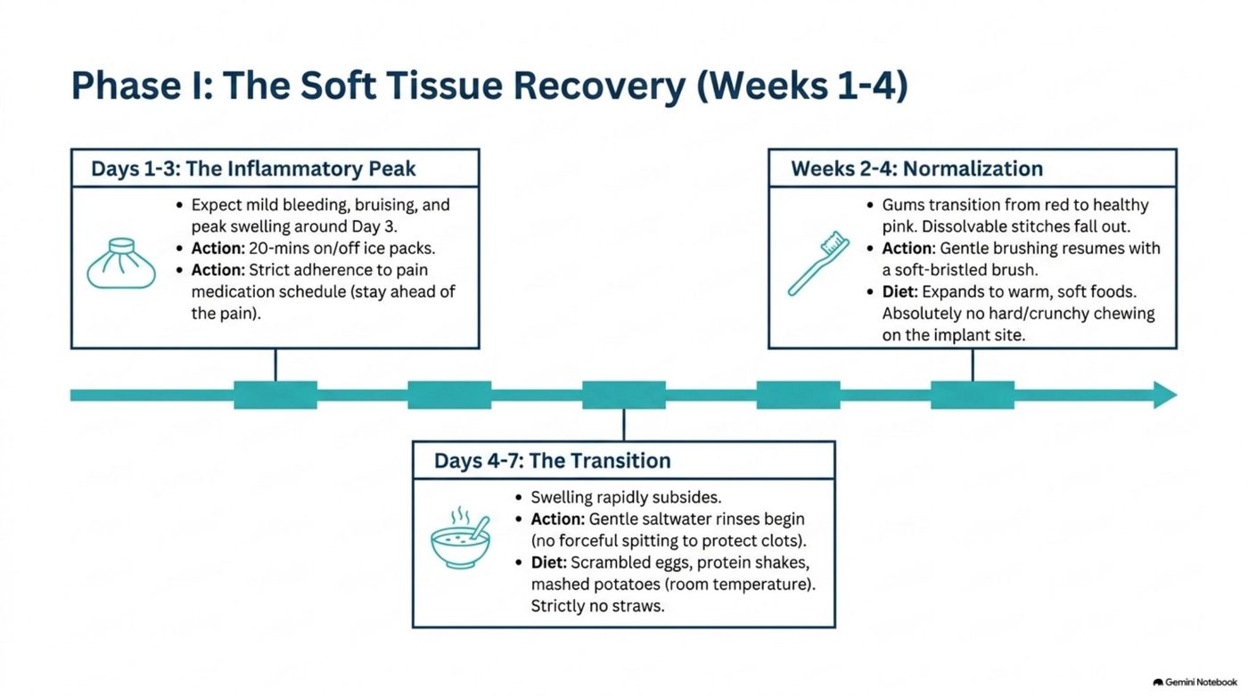 Phase I soft tissue recovery timeline showing days 1-3 inflammatory peak, days 4-7 transition, and weeks 2-4 normalization after All-on-4 implant surgery