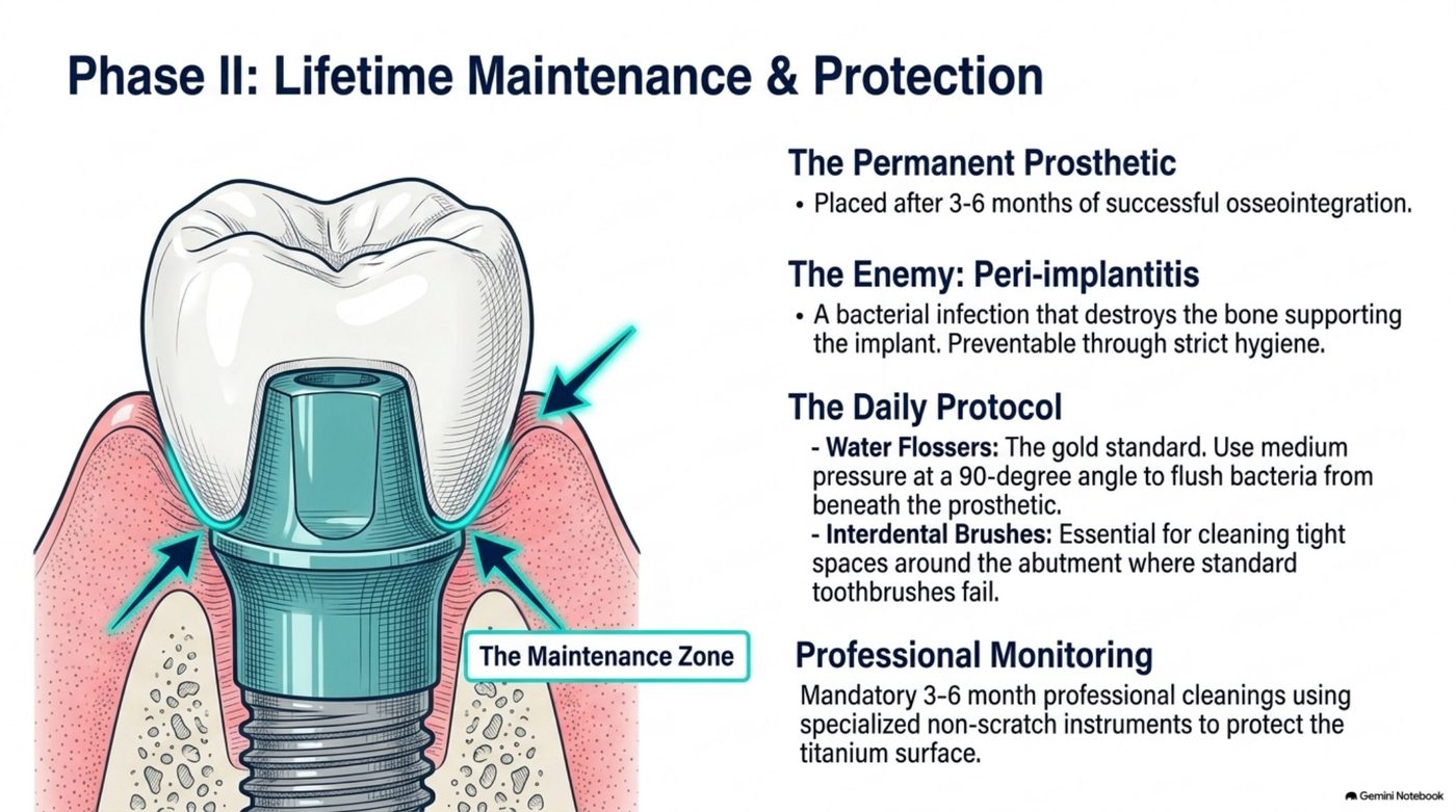 Phase II lifetime maintenance diagram showing the permanent prosthetic placed after 3-6 months of osseointegration and the daily water flosser and interdental brush protocol that prevents peri-implantitis
