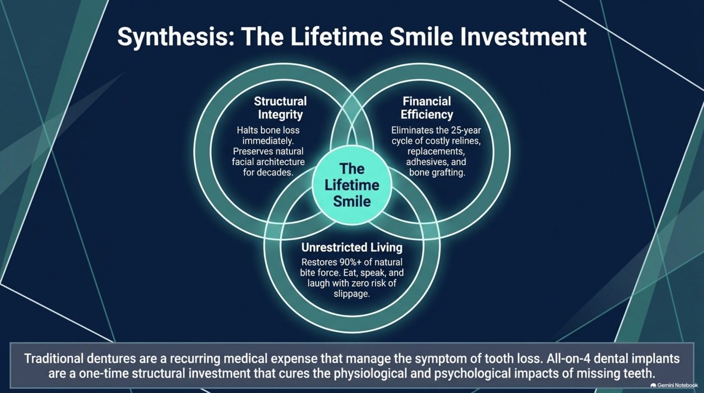 Synthesis diagram showing structural integrity, financial efficiency, and unrestricted living as the three outcomes of the lifetime smile investment